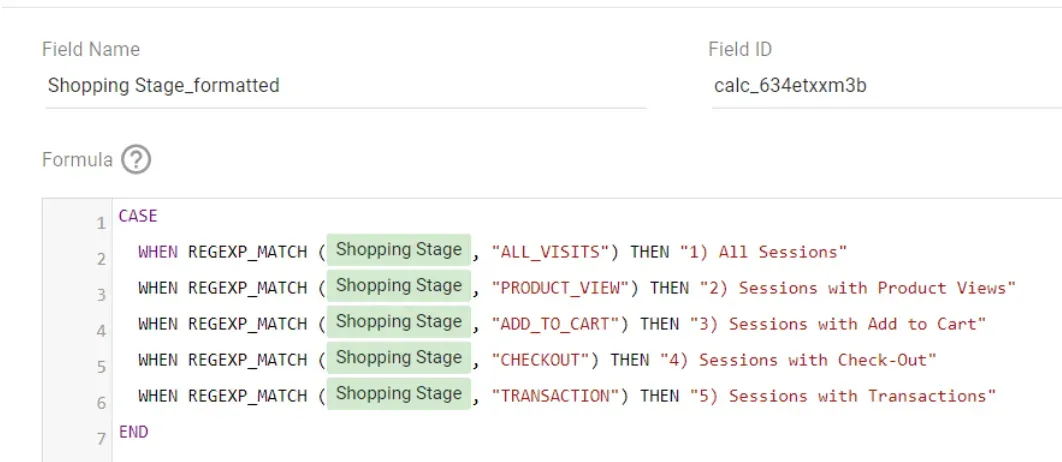 Snapshot of Google Data Studio formula for better view of e-commerce shopping stages.