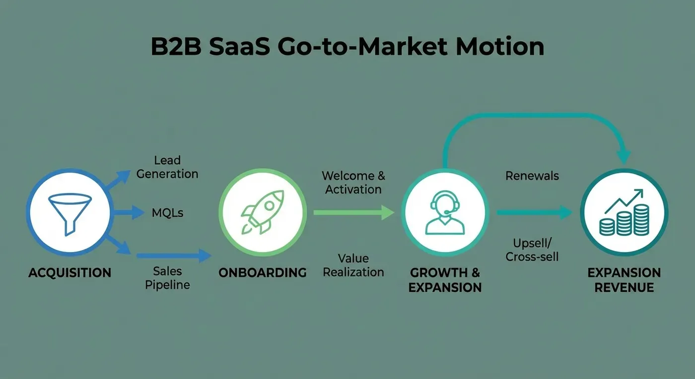 Diagram of a B2B SaaS go-to-market motion from acquisition through onboarding to expansion revenue