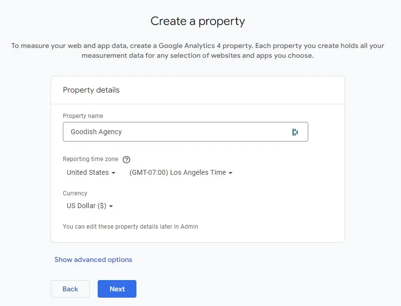 Zaslon GA4 “Create a property” s polji za ime lastnosti, časovni pas poročanja in valuto