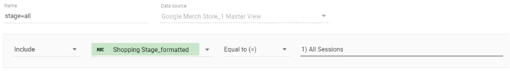 View of Google Data Studio filter for e-commerce shopping funnel table comparison