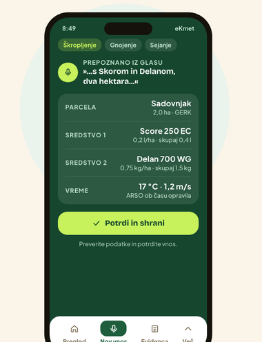 The eKmet app screen after a voice entry: recognised speech, then the parcel with its GERK, two plant-protection products with doses and quantities, the weather from ARSO, and a green Potrdi in shrani button.