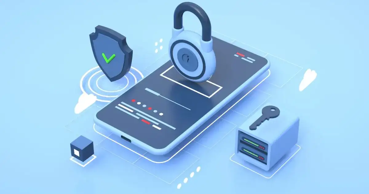 3D illustration of a smartphone with a padlock, a shield with a check mark and a server box with a key, representing data protection.