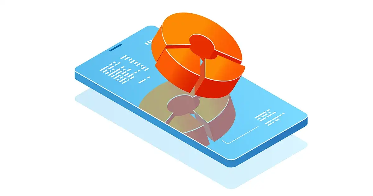 Illustration of a smartphone with an orange 3D pie chart rising from its screen