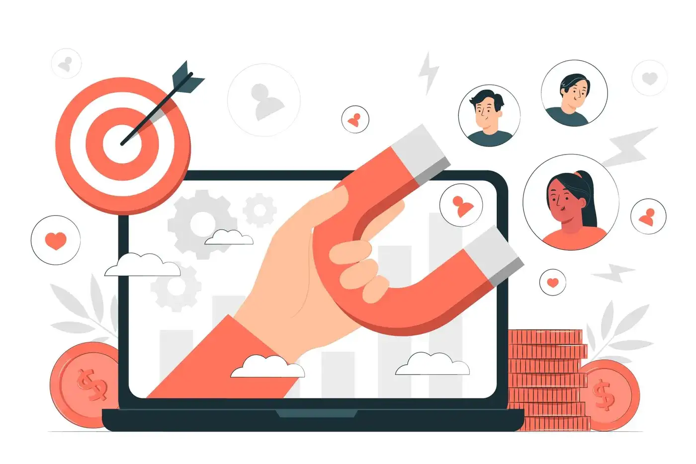 Illustration of a hand holding a magnet out of a laptop screen, attracting customer avatars, hearts and coins