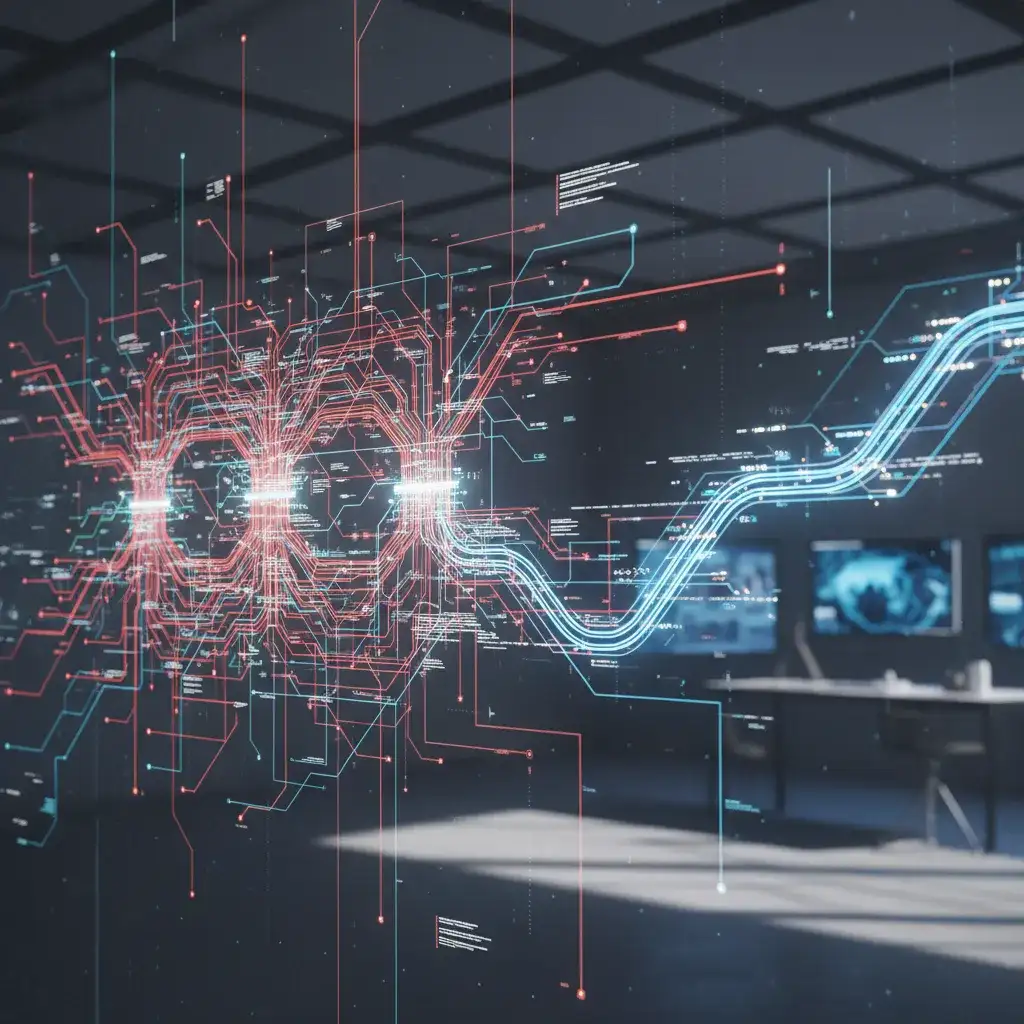 Abstract illustration of tangled red data lines converging into a single smooth blue stream in a dark office