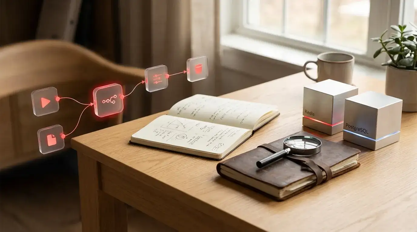 A notebook and magnifying glass on a wooden desk, with glowing workflow nodes and two cubes labelled Redis and PostgreSQL