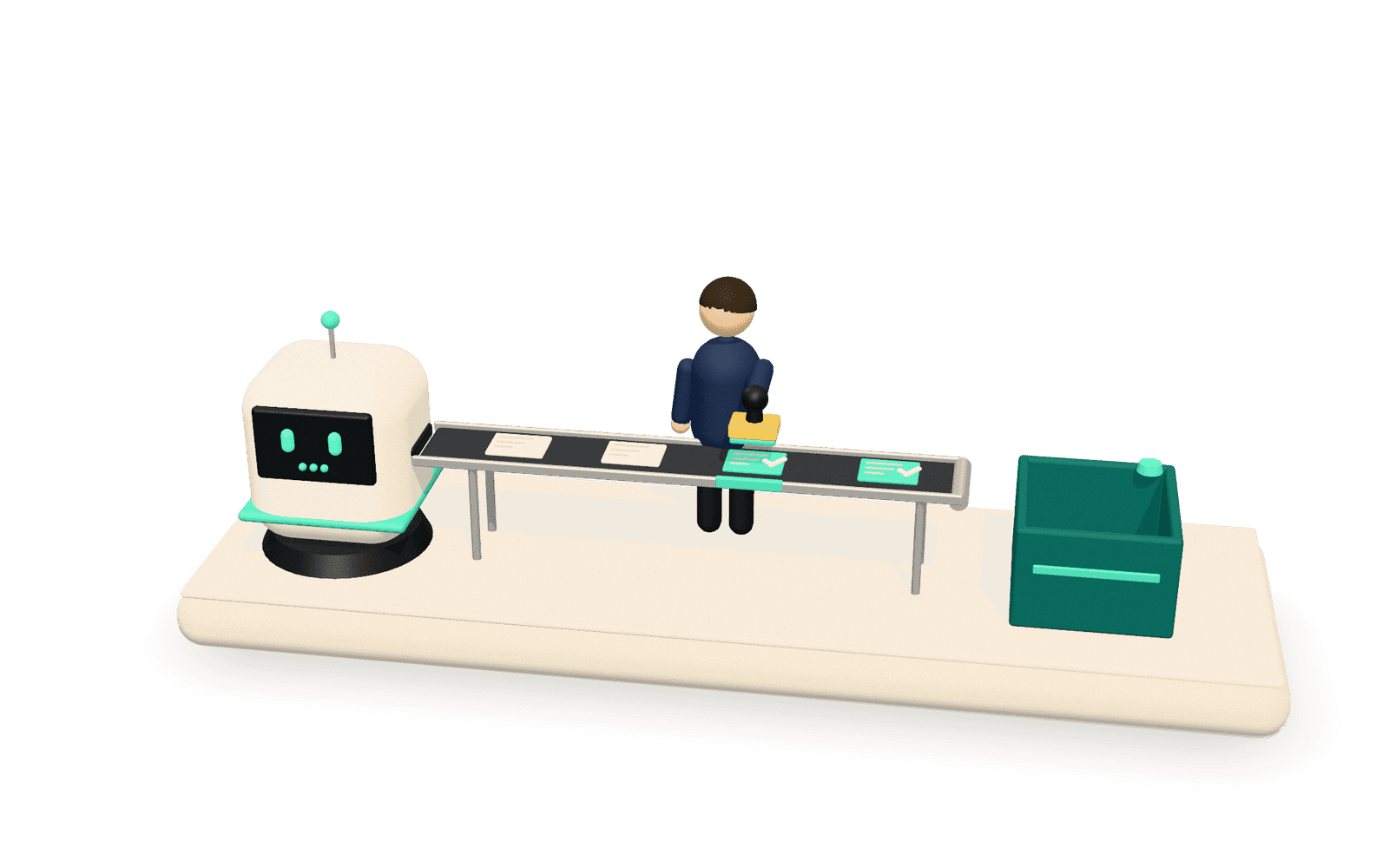 3D illustration of human-in-the-loop AI: an agent pod drafts cards onto a review belt, a person stamps each one approved, and approved cards drop into a CRM crate.