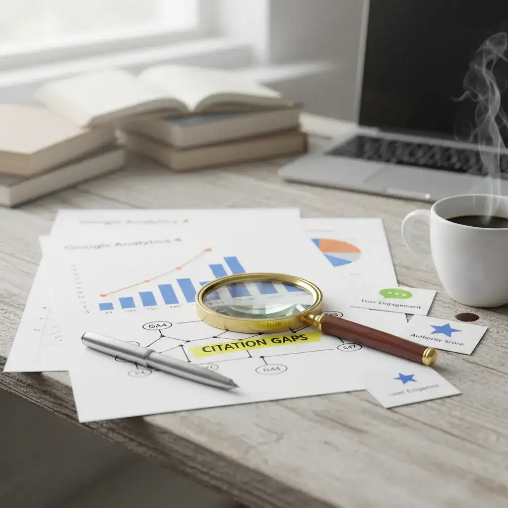 Printed GA4 charts on a desk with a magnifying glass over a note that reads Citation gaps, next to a laptop and a cup of coffee.