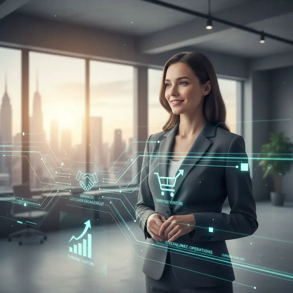 A businesswoman in a city office surrounded by glowing digital lines and icons for customer engagement, sales growth and streamlined operations.