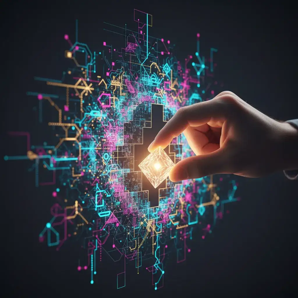 A hand placing a glowing block into a tangle of neon data lines, an illustration of fitting the missing piece into an analytics setup.