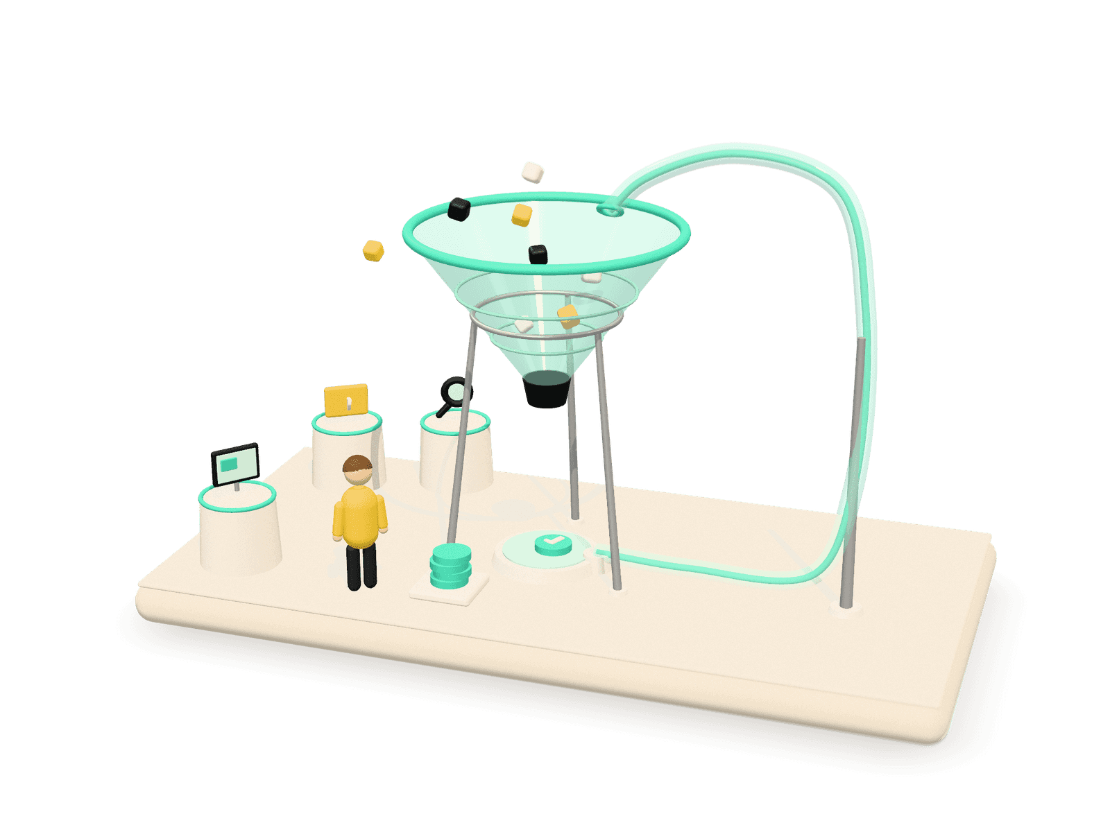 3D ilustracija oglaševalskega lijaka: paketi iz prikaznih, video in iskalnih kanalov padajo skozi steklen lijak do sklenjenih poslov, mint povratna cev pa podatke o poslih vrača na vrh lijaka.