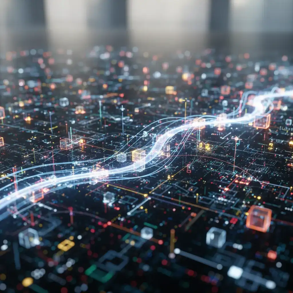 Abstract illustration of glowing data streams flowing across a dark circuit-like grid dotted with small cubes.
