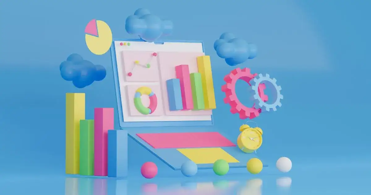 Colourful 3D illustration of a laptop showing analytics charts, surrounded by bar charts, gears and a pie chart.