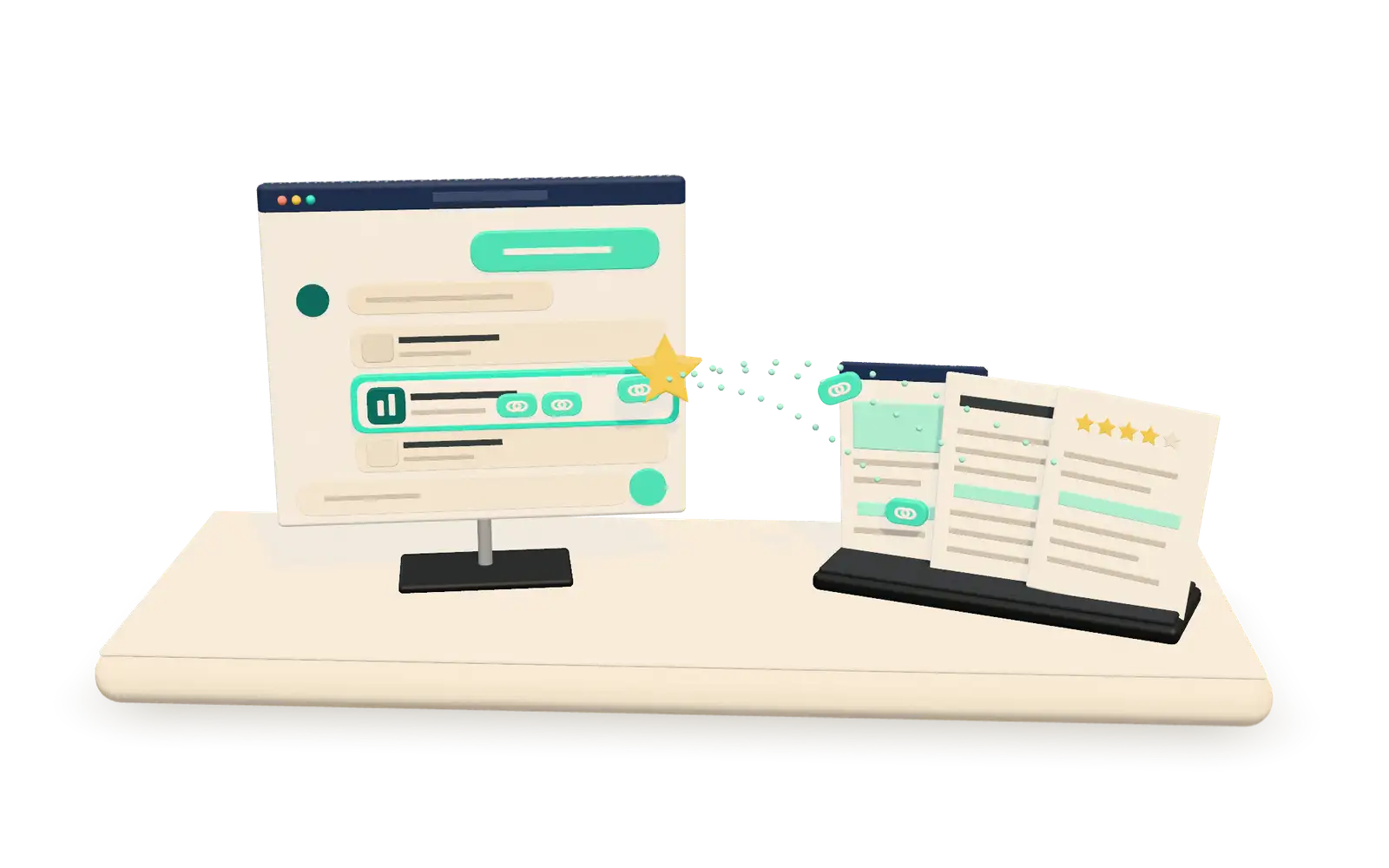 3D illustration of an AI assistant answering with a short list where one company card gets a recommendation star, fed by citations from source pages.