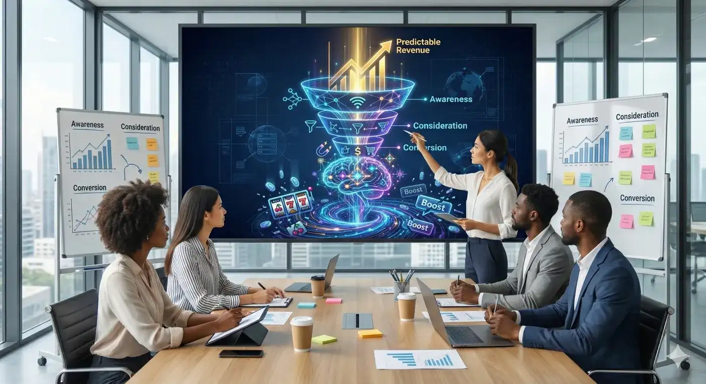 A modern marketing team in a conference room brainstorming session, looking at a large digital screen displaying a futuristic sales funnel. The on-screen graphic illustrates the transition from 'slot machine' gambling to AI-driven predictable revenue, featuring glowing neural networks and data streams.