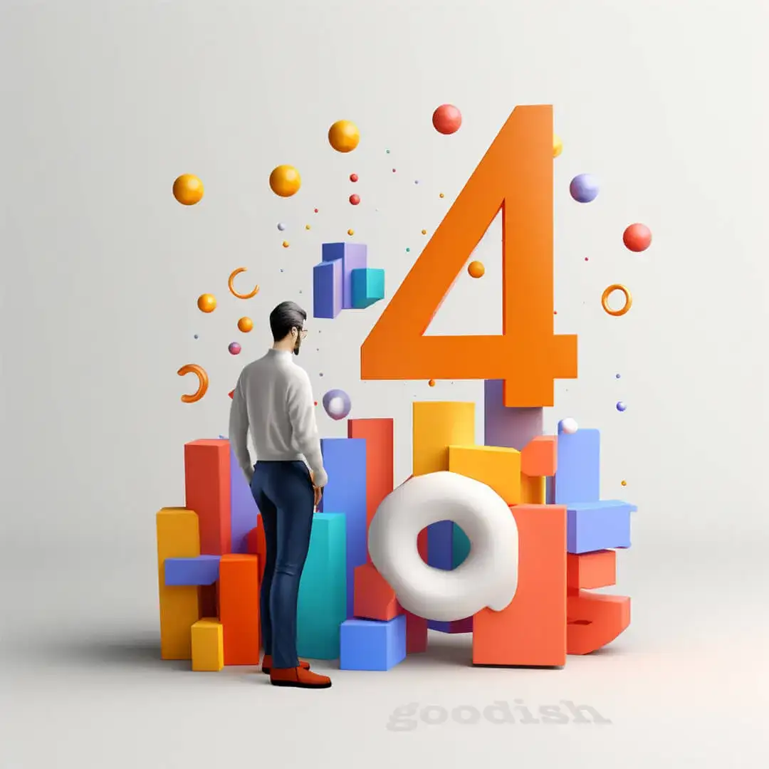 3D ilustracija moškega, ki gleda navzgor proti veliki oranžni številki 4, ki se dviga iz pisanih kock in predstavlja Google Analytics 4.