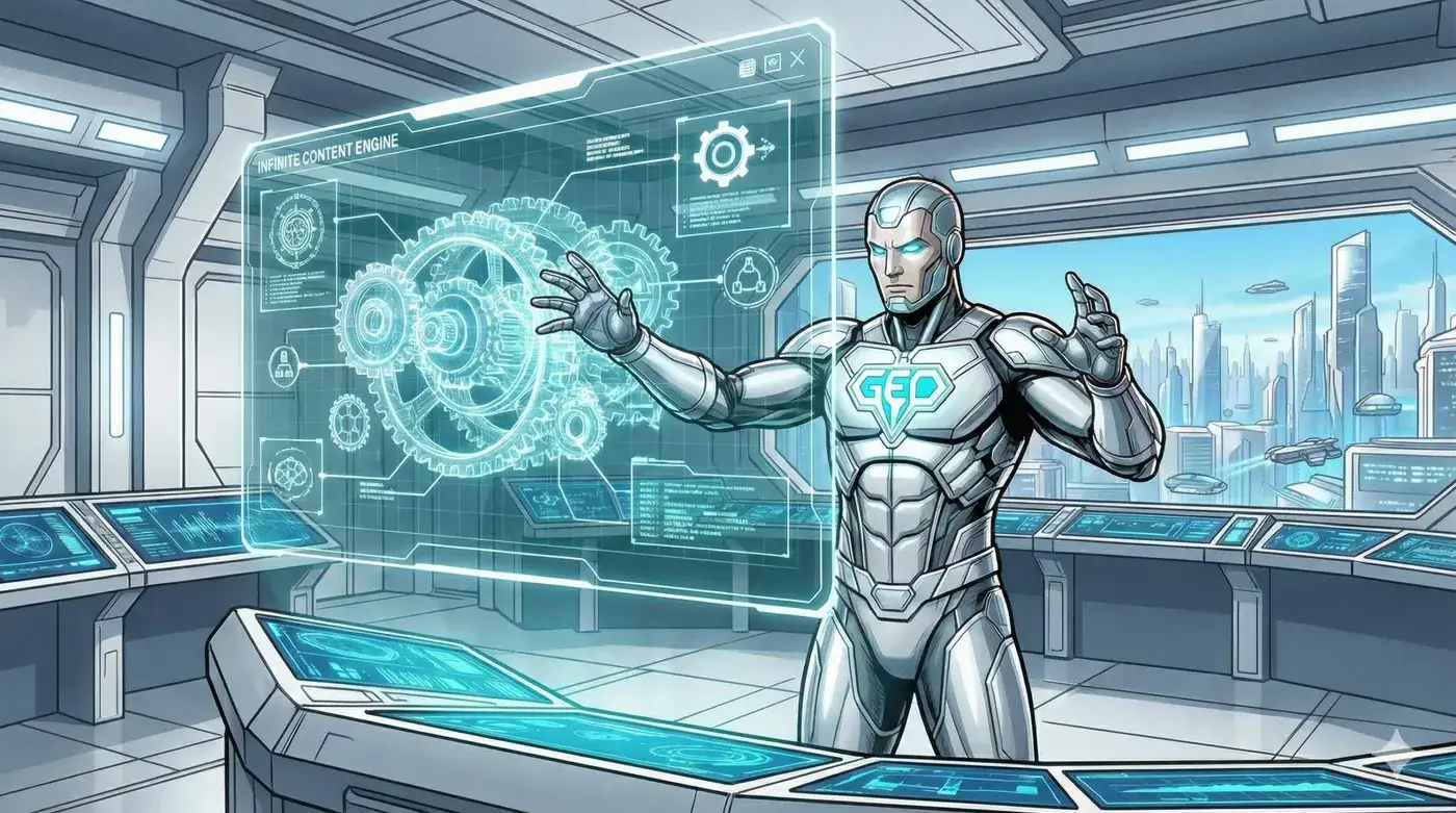 The Sovereign Architect superhero in a bright, futuristic command center manipulating a glowing teal holographic blueprint of a fully autonomous AI content engine.