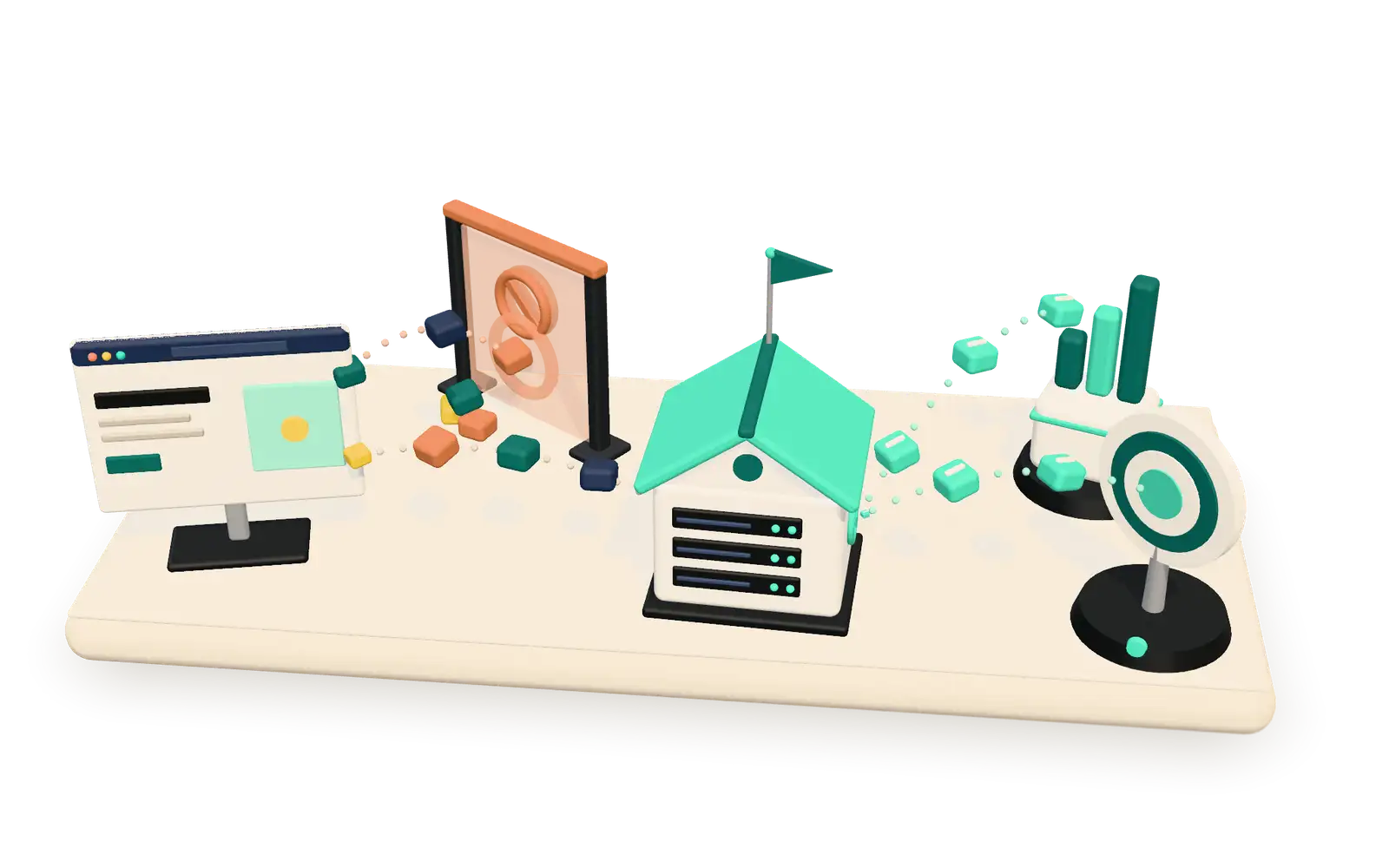 3D illustration of browser events flowing to a first-party server that forwards clean conversions, while a blocker wall stops the client-side route.