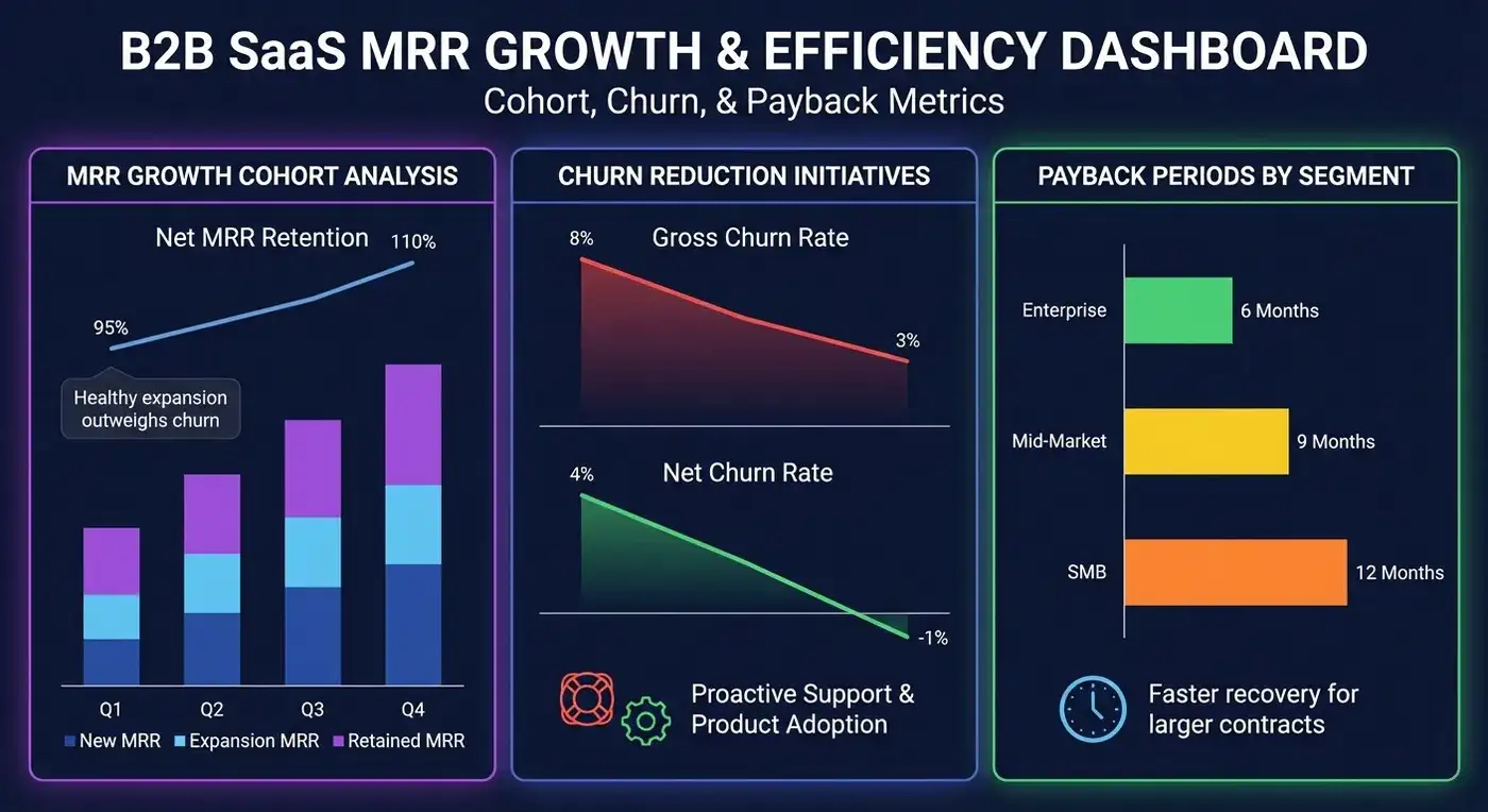 Illustrative B2B SaaS dashboard with net revenue retention, churn and payback period charts