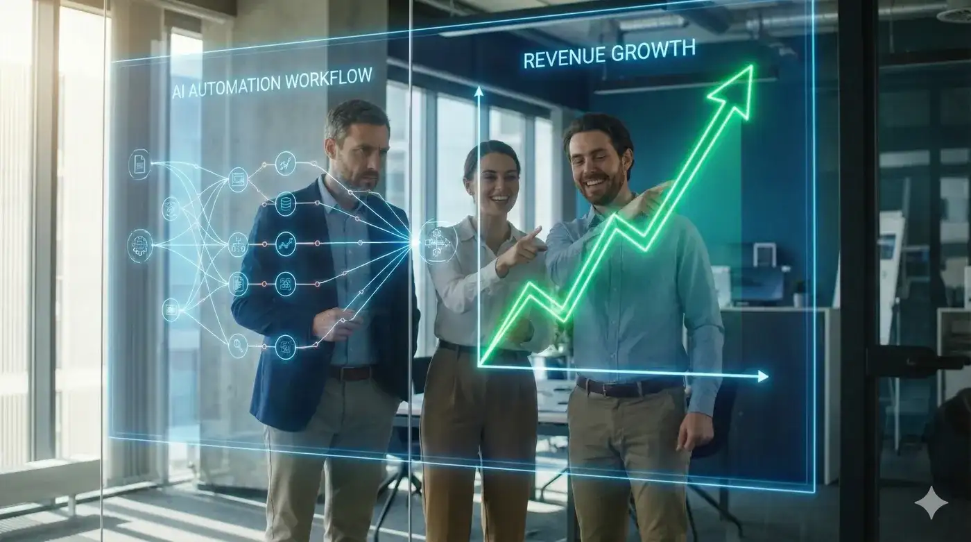 Three colleagues at a glass wall showing an AI automation workflow diagram that feeds a rising revenue growth line.