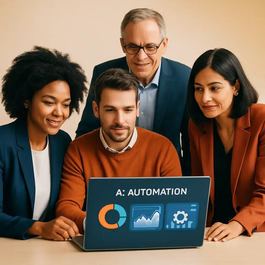 Four colleagues looking at an AI automation dashboard on a laptop