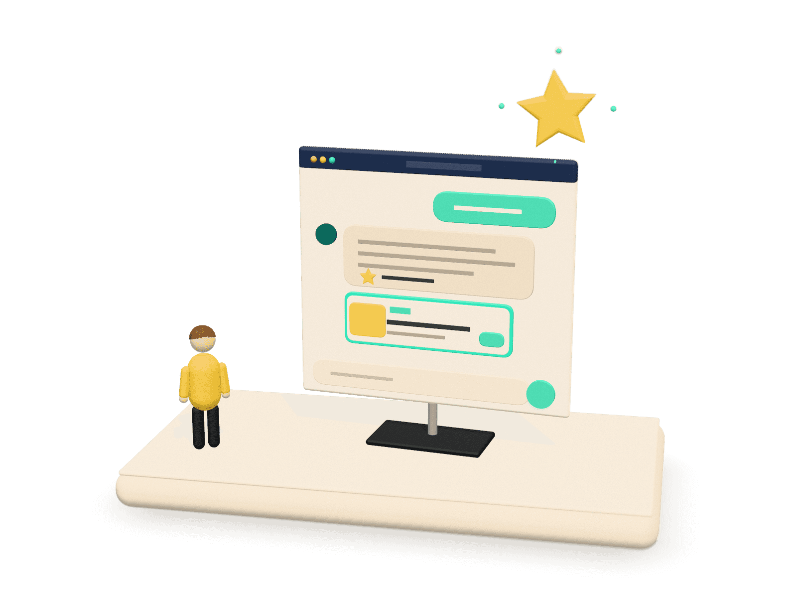 3D illustration of a chat window: a question, a typed answer and a mint-edged sponsored card sliding in under it, with a yellow recommended star glowing above the window.