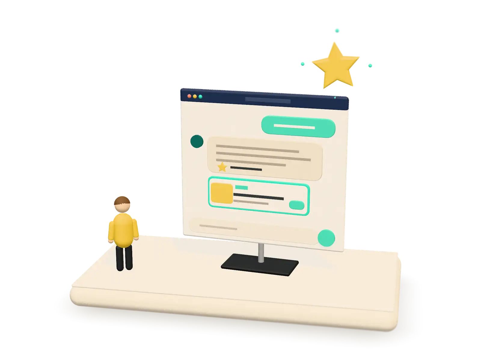 3D illustration of a chat window with a mint-edged sponsored card under an answer and a recommended star above it.