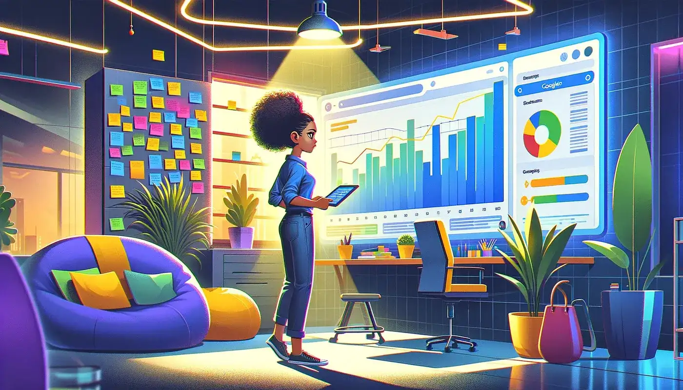 Illustration of an analyst holding a tablet in front of a large screen of live analytics charts