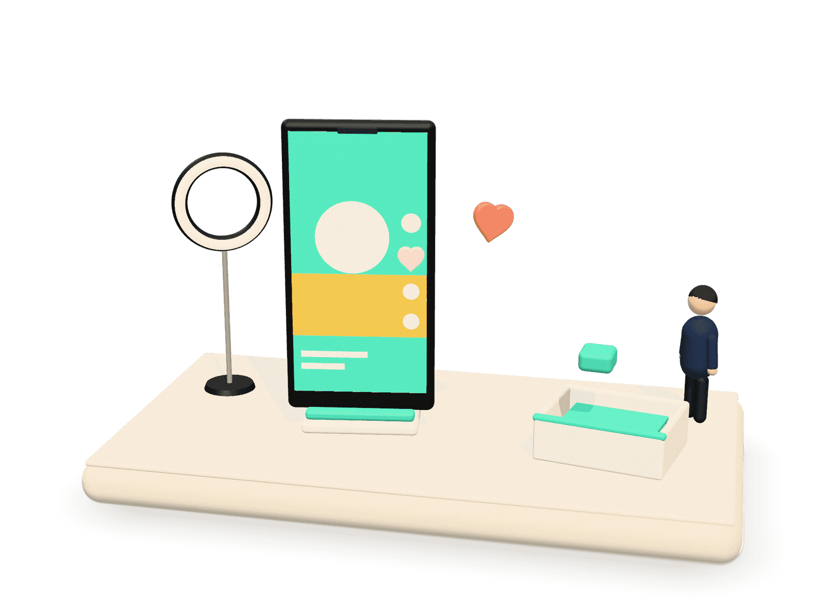 3D illustration of a vertical short-video phone with clips swiping up; hearts float out of the phone, turn into mint lead packets and drop into a lead tray beside a ring light.