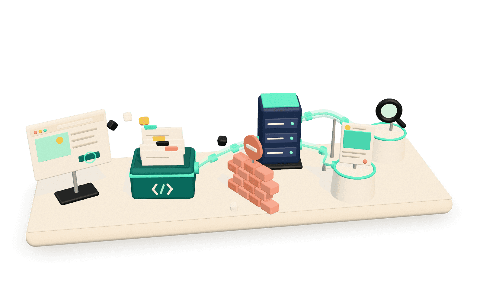 3D ilustracija vsebnika upravitelja oznak, ki razvršča oznake dogodkov v označene cevi, mint strežniška cev pa nosi konverzije naprej do oglasnih platform.
