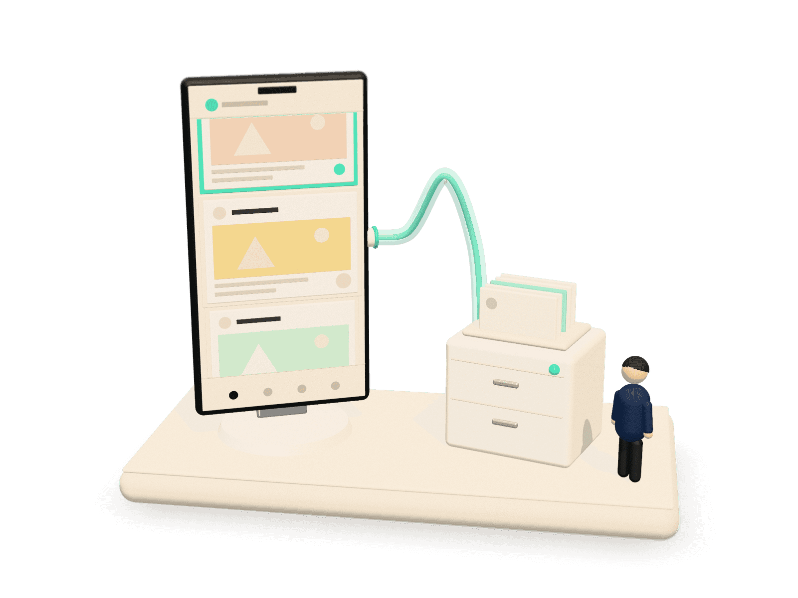 3D ilustracija telefona z drsečim družbenim virom; omara CRM po cevi pošilja mint signale v telefon, kartice v viru, ki ustrezajo podatkom iz CRM-ja, pa zasvetijo v mint barvi.