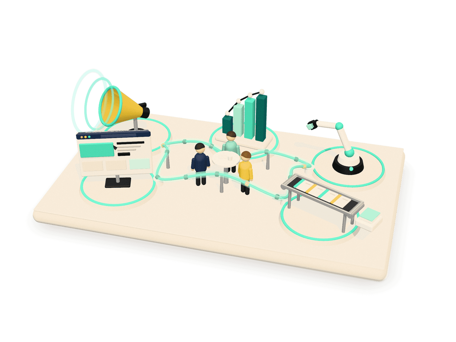Majhen 3D model v slogu studia Goodish: pet strojev na eni lebdeči plošči, okno brskalnika, megafon, stolpčni graf, robotska roka in tekoči trak s karticami, povezani v eno zanko mint cevi okoli tričlanske ekipe.
