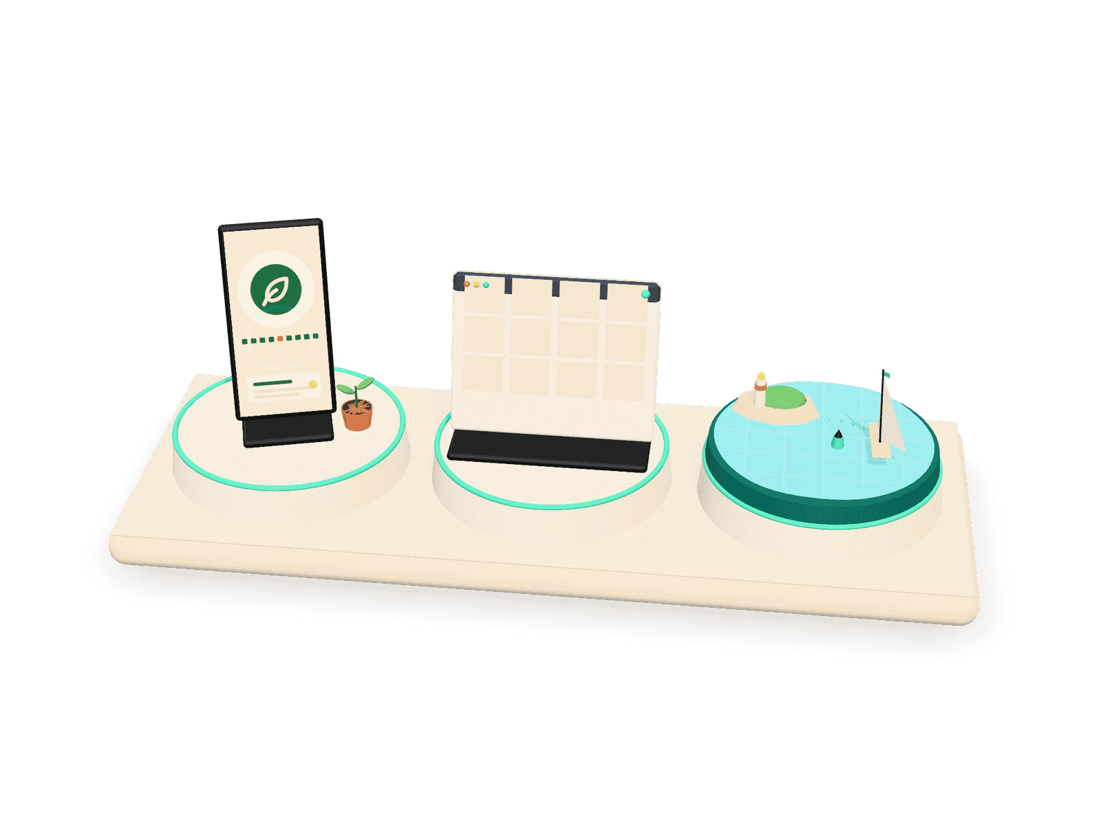 3D illustration of three product pedestals: eKmet as a phone with its leaf mark and a voice wave, SocialAI as a calendar filling with post cards, and SailSim as a small sailboat circling a buoy on a chart sea.