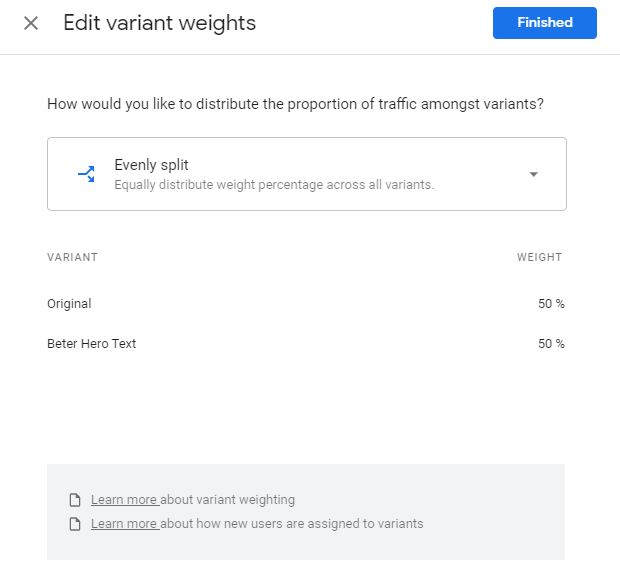 Edit Google Optimize experiment weight