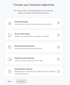 Choosing business objectives in Google Analytics